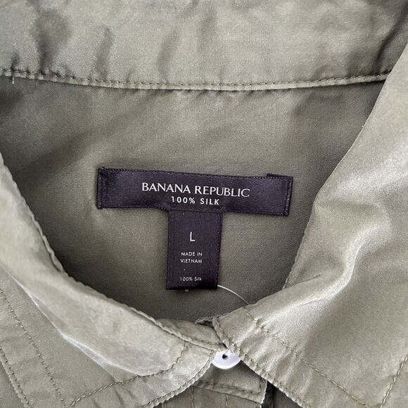 NWT Banana Republic Silk Top Womens Size L Green Long Utility Blouse Career - Picture 4 of 13